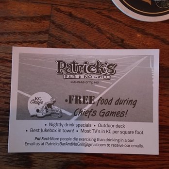 Patrick's Bar and No Grill - Free food during Chiefs games - Bars Near Me - Kansas City, Missouri Patrick's Bar and No Grill - Free food during Chiefs games - Bars Near Me - Kansas City, Missouri