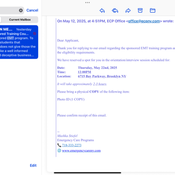 Emergency Care Programs - Orientation/ Interview Confirmation with no mention of a quiz or other pertinent information..... - Adult Education Near Me - Brooklyn, New York