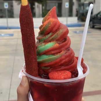 Dairy Chopos - The base is mango chamoy ice cream, the middle is xquinkles, and the top is cucumber chamoy ice cream. - Ice Cream & Frozen Yogurt Near Me - Mission, Texas