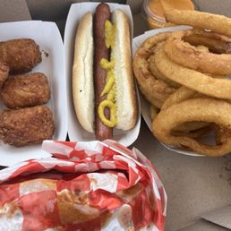 Hot Dog, Spicy Southern Chicken Sandwich, 5pc Cheesy Tater Kegs, Batter-Dipped Onion Rings Hot Dog, Spicy Southern Chicken Sandwich, 5pc Cheesy Tater Kegs, Batter-Dipped Onion Rings