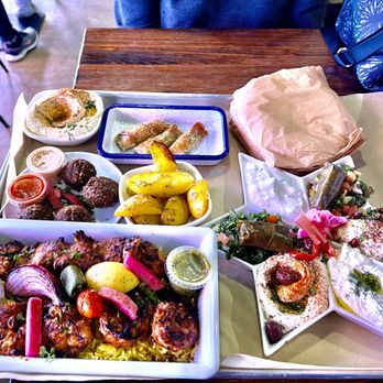Mazra - Mezza Platter with Bread.  One Shrimp and One Chicken Skewer with rice and hummus sides - Mediterranean Near Me - San Bruno, California