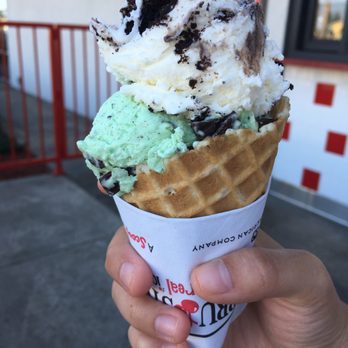 Bruster's Real Ice Cream - Oreo and Mint Chocolate Chip Ice Cream on a Small Waffle Cone. - Ice Cream & Frozen Yogurt Near Me - Orange, California