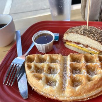 River Daze Cafe - River Daze Cafe - split sour dough waffle and bacon & egg sandwich (both yummy) - Breakfast & Brunch Near Me - Hood River, Oregon