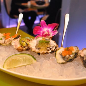 Morimoto - Kumamoto oysters. From outside to inside: Sushi Ceviche, Japanese Salsa, and Thai fish. - Japanese Near Me - Philadelphia, Pennsylvania