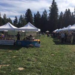 Yelm Farmers Market - Two rows of tents - lots of veggies, a bakery, some soaps & scents, great popcorn booth, woodwork, jewelry, dog treats...