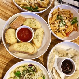 Penne Rosa, Pasta Fresca with chicken, Thai green curry with shrimp, garlic bread, and potstickers Penne Rosa, Pasta Fresca with chicken, Thai green curry with shrimp, garlic bread, and potstickers