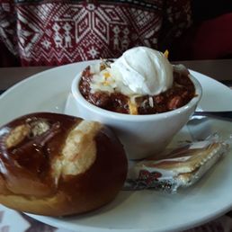 Chili with pretzel roll Chili with pretzel roll