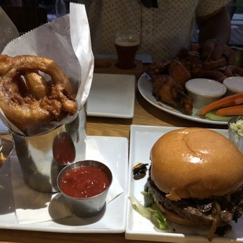 Blue Palms Brewhouse - Truffle burger and beer battered onion rings - Burgers Near Me - Northridge, California Blue Palms Brewhouse - Truffle burger and beer battered onion rings - Burgers Near Me - Northridge, California
