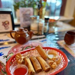 The Red Pearl - Vegetable Spring Rolls (2). Loved these. The mustard sauce with great mixed with the sweet n sour sauce!