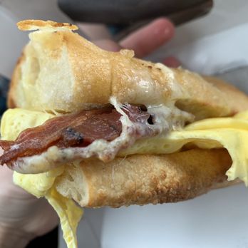 Panera Bread - Bacon, cheese, and egg breakfast sandwich with scrambled eggs on Ciabatta bread. - Salad Near Me - Everett, Washington