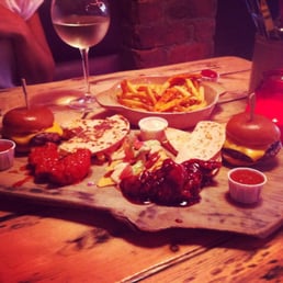 Fear and Loathing sharing platter with fries and white wine spritzer Fear and Loathing sharing platter with fries and white wine spritzer