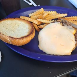 Mushroom Swiss burger and fries Mushroom Swiss burger and fries