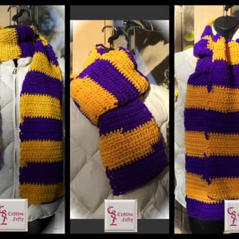 Cr8tive Lefty - Handmade in the USA Purple and Gold Sports Team Scarf, $19.00 + shipping. Made with worsted weight, machine washable yarn. - Embroidery & Crochet Near Me