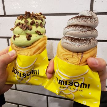 Somisomi - Left: Matcha with ube filling Right: Black Sesame with nutella filling - Ice Cream & Frozen Yogurt Near Me - Irvine, California Somisomi - Left: Matcha with ube filling Right: Black Sesame with nutella filling - Ice Cream & Frozen Yogurt Near Me - Irvine, California
