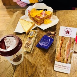 Pret A Manger - Ham and cheese toastie, Cheddar and onion crisps, salmon sandwich, and cappuccino