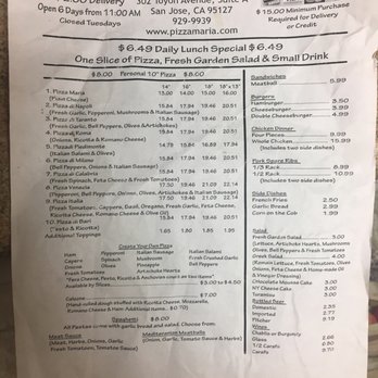 Pizza Maria - Flyer that says delivery is $2 - Pizza Near Me - San Jose, California