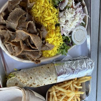 The Kebab Shop - Grilled chicken wrap - huge!! Lamb mix, saffron rice and salad - Halal Near Me - Santa Clara, California