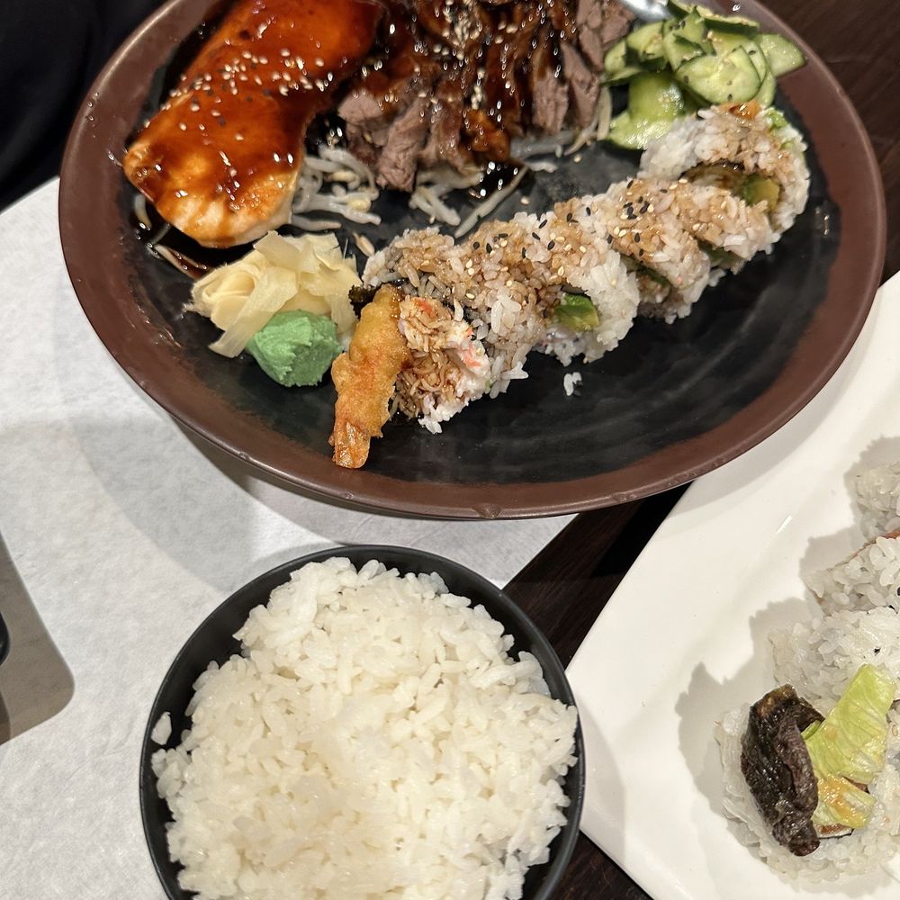 Kiku Sushi - 3 Item Dinner Combination: salmon teriyaki, beef teriyaki, and shrimp tempura roll - Japanese Near Me - Monrovia, California Kiku Sushi - 3 Item Dinner Combination: salmon teriyaki, beef teriyaki, and shrimp tempura roll - Japanese Near Me - Monrovia, California