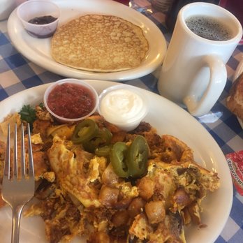 Jailhouse Cafe - Jailhouse chorizo scramble & a side of Swedish pancake with lingonberry jam&! - Breakfast & Brunch Near Me - Moab, Utah Jailhouse Cafe - Jailhouse chorizo scramble & a side of Swedish pancake with lingonberry jam&! - Breakfast & Brunch Near Me - Moab, Utah