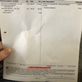 Sun Auto Service - Initial estimate for original catalytic converter and oxygen sensor - Auto Repair Near Me - Chicago, Illinois Sun Auto Service - Initial estimate for original catalytic converter and oxygen sensor - Auto Repair Near Me - Chicago, Illinois