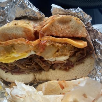 Long Island Bagel Cafe - Stony Brook - Asked for a bacon, egg and cheese on a everything bagel toasted with hash browns and sausage. - Delis Near Me - Stony Brook, New York Long Island Bagel Cafe - Stony Brook - Asked for a bacon, egg and cheese on a everything bagel toasted with hash browns and sausage. - Delis Near Me - Stony Brook, New York