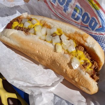 Wright's Dairy Rite - Hot dog "all the way" - chili, onions, and mustard - Ice Cream & Frozen Yogurt Near Me - Staunton, Virginia