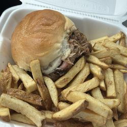 Rough Cut BBQ - Pork/Brisket sandwich with fries