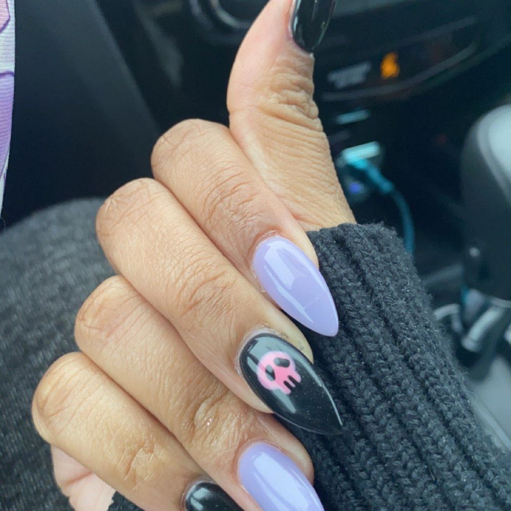 Secret Nails - Kuromi nails - black and purple with a pink skull - Nail Salons Near Me - New Lenox, Illinois Secret Nails - Kuromi nails - black and purple with a pink skull - Nail Salons Near Me - New Lenox, Illinois