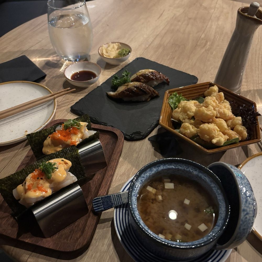 Silver Sea Sushi - Top: Unagi Butter Peach (Eel) | Left: Spicy Scallop Handroll | Right: Butter Shrimp | Bottom: Miso Soup - Sushi Bars Near Me - Flower Mound, Texas Silver Sea Sushi - Top: Unagi Butter Peach (Eel) | Left: Spicy Scallop Handroll | Right: Butter Shrimp | Bottom: Miso Soup - Sushi Bars Near Me - Flower Mound, Texas
