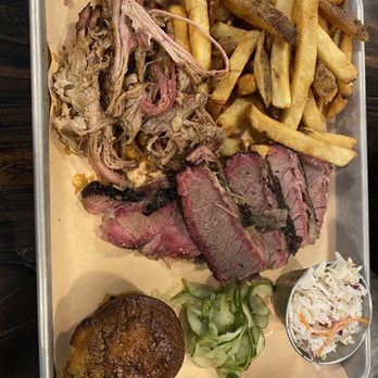 Black Ember Grill - Brisket tray, added pulled pork served with cornbread, pickles, coleslaw & hand cut fries - Barbeque Near Me - West Dover, Vermont Black Ember Grill - Brisket tray, added pulled pork served with cornbread, pickles, coleslaw & hand cut fries - Barbeque Near Me - West Dover, Vermont