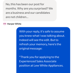 Lew White Appliances - Me, posting their initial reply, Harper did not like that.