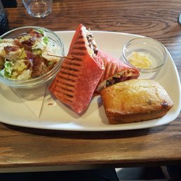 Chicken wrap with jalapeño cornbread and a Caesar salad.