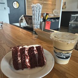 Red velvet cake and iced oat latte Red velvet cake and iced oat latte