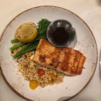 Timber Kitchen & Bar - Salmon with pearl couscous and brocollini - New American Near Me - Bangor, Maine Timber Kitchen & Bar - Salmon with pearl couscous and brocollini - New American Near Me - Bangor, Maine