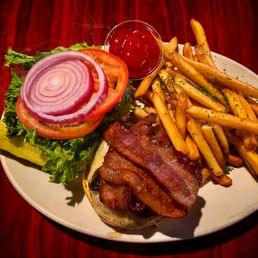Mushroom swiss burger with bacon platter