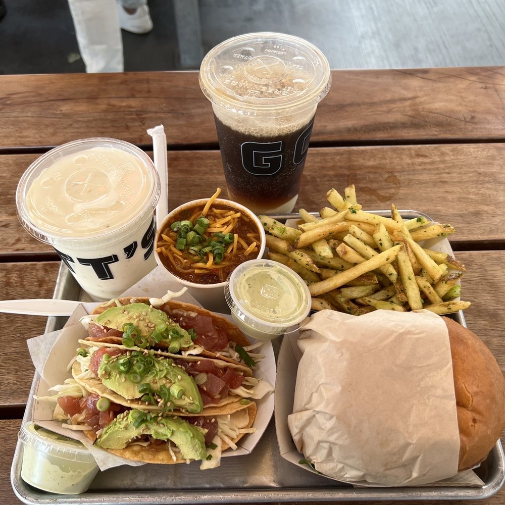 Gott's St. Helena - Ahi Poke Crispy Tacos, Cheeseburger, Chili, Garlic Fries, and root beer float - Burgers Near Me - Saint Helena, California