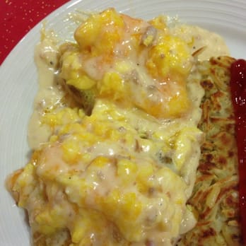 Pyramid Cafe - Country Benedict with cheese!  (Biscuit, sausage, & eggs smothered in gravy) Sooooo good! - Burgers Near Me - Las Vegas, Nevada