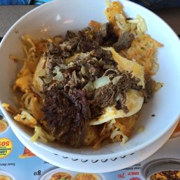 Steak, eggs, cheese and onions hash brown bowl. Yummy. Steak, eggs, cheese and onions hash brown bowl. Yummy.