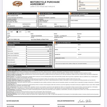 Larry's Hot Rods & Harleys - Fake Bill of Sale - Motorcycle Repair Near Me - Croydon, Pennsylvania