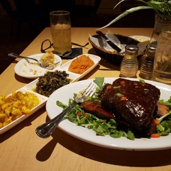 Leavander’s 22 Southern Cuisine - Short braised rib with bone. Sides: Mac and cheese, greens, sweet potatoes.