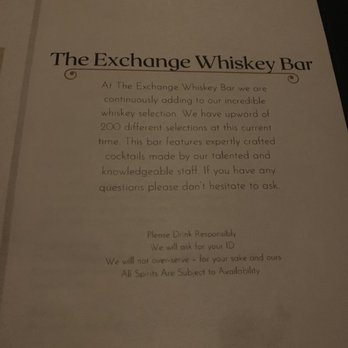 The Exchange - Front of menu - Cocktail Bars Near Me - Indianapolis, Indiana The Exchange - Front of menu - Cocktail Bars Near Me - Indianapolis, Indiana