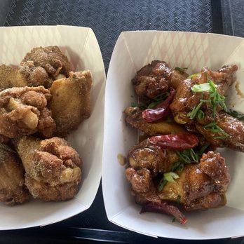 Shlap Muan Chicken Wings - Two flavors of wings: Cambodian Dirt on the left and Dirty Elvis on the right - Chicken Wings Near Me - Long Beach, California