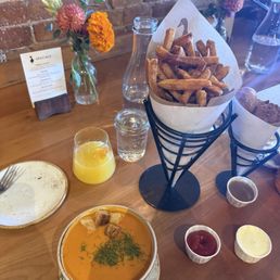 Fries, Cream of Tomato Fennel Soup, Donut Holes, Mimosa