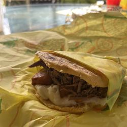 Rico Arepa - Steak arepa with grilled plantains and cheese