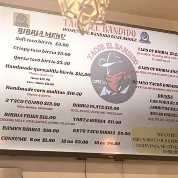 Tacos El Bandido Express - 9/16/24 (mon): Updated menus & costs. Menu board 3 of 3 - Tacos Near Me - Tustin, California Tacos El Bandido Express - 9/16/24 (mon): Updated menus & costs. Menu board 3 of 3 - Tacos Near Me - Tustin, California