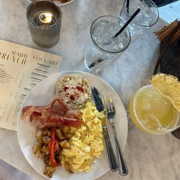 Sunday Brunch: Pineapple Mimosa & Eggs, Potatoes, Bacon & a butter jam English Muffin