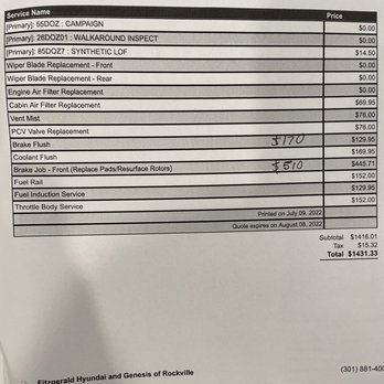 Fitzgerald Hyundai - Invoice with supposed "parts cost on right" and "total cost" on left. - Car Dealers Near Me - Rockville, Maryland Fitzgerald Hyundai - Invoice with supposed "parts cost on right" and "total cost" on left. - Car Dealers Near Me - Rockville, Maryland