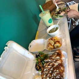 Hawaiian chicken. Street corn,miso soup, avocado smoothie poke bowl 1/2 rice 1/2 salad with ahi tuna and spicy salmon.