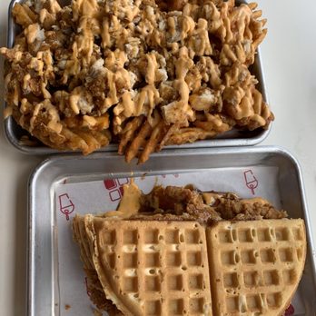 The Waffle Bus - Chicken Thunder Fries (top) and Buttermilk Fried Chicken Breast & waffle (bottom) - Sandwiches Near Me - Houston, Texas The Waffle Bus - Chicken Thunder Fries (top) and Buttermilk Fried Chicken Breast & waffle (bottom) - Sandwiches Near Me - Houston, Texas