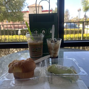 in house coffee - Coconut macchiato w/oat milk, Coppa coffee,  apple muffin and pistachio cannoli. - Coffee & Tea Near Me - San Dimas, California